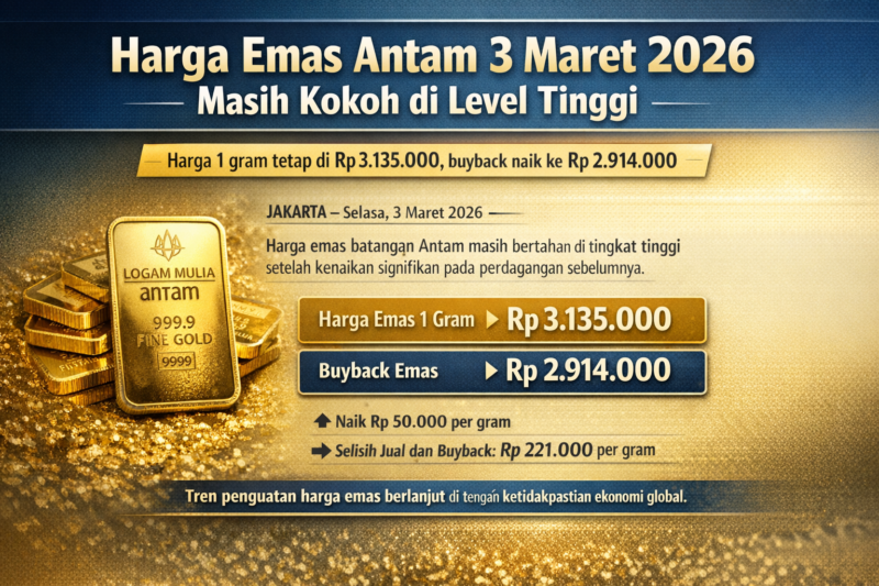 Ilustrasi emas batangan produksi PT Aneka Tambang Tbk (Antam). Harga emas Antam pada 3 Maret 2026 bertahan di level Rp3.135.000 per gram, sementara harga buyback berada di Rp2.914.000 per gram.