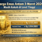 Ilustrasi emas batangan produksi PT Aneka Tambang Tbk (Antam). Harga emas Antam pada 3 Maret 2026 bertahan di level Rp3.135.000 per gram, sementara harga buyback berada di Rp2.914.000 per gram.
