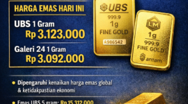 Infografis harga emas 2 Maret 2026 menunjukkan emas UBS 1 gram tembus Rp3.123.000 dan Galeri24 Rp3.092.000 per gram, mengikuti tren kenaikan harga emas global di awal Maret 2026.