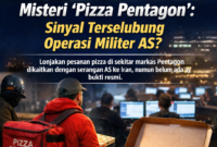 Ilustrasi fenomena “Pizza Pentagon” yang kembali ramai dibahas usai serangan Amerika Serikat ke Iran. Lonjakan pesanan pizza di sekitar markas Pentagon disebut-sebut sebagai sinyal meningkatnya aktivitas militer, meski belum ada konfirmasi resmi./AI/suarabrita.com