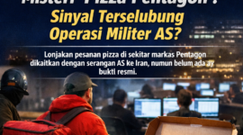 Ilustrasi fenomena “Pizza Pentagon” yang kembali ramai dibahas usai serangan Amerika Serikat ke Iran. Lonjakan pesanan pizza di sekitar markas Pentagon disebut-sebut sebagai sinyal meningkatnya aktivitas militer, meski belum ada konfirmasi resmi./AI/suarabrita.com