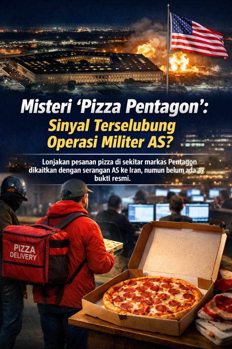 Ilustrasi fenomena “Pizza Pentagon” yang kembali ramai dibahas usai serangan Amerika Serikat ke Iran. Lonjakan pesanan pizza di sekitar markas Pentagon disebut-sebut sebagai sinyal meningkatnya aktivitas militer, meski belum ada konfirmasi resmi./AI/suarabrita.com