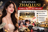 Ilustrasi grafis menampilkan potret Zhao Lusi dengan informasi perkiraan kekayaan bersih yang mencapai Rp75–105 miliar, bersumber dari pendapatan akting, endorsement, dan aktivitas komersial di industri hiburan Tiongkok.