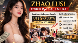 Ilustrasi grafis menampilkan potret Zhao Lusi dengan informasi perkiraan kekayaan bersih yang mencapai Rp75–105 miliar, bersumber dari pendapatan akting, endorsement, dan aktivitas komersial di industri hiburan Tiongkok.