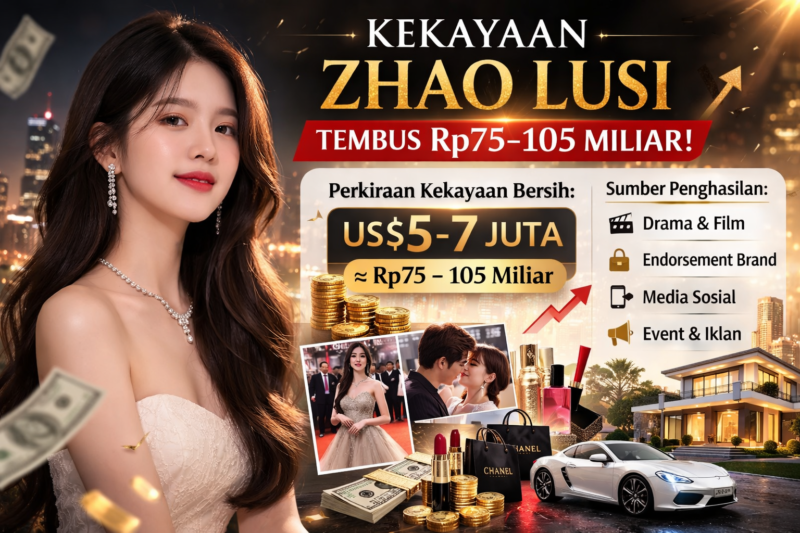 Ilustrasi grafis menampilkan potret Zhao Lusi dengan informasi perkiraan kekayaan bersih yang mencapai Rp75–105 miliar, bersumber dari pendapatan akting, endorsement, dan aktivitas komersial di industri hiburan Tiongkok.