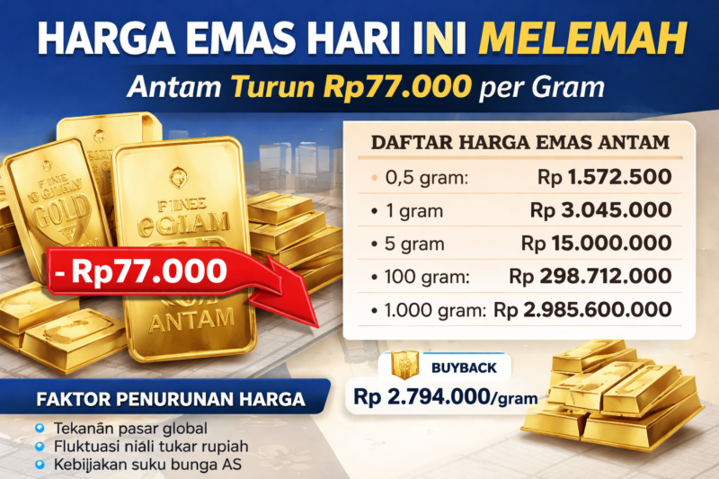 Infografis penurunan harga emas batangan produksi PT Aneka Tambang (Antam) yang turun Rp77.000 per gram pada perdagangan Rabu, 4 Maret 2026, disertai rincian harga jual dan buyback terbaru./AI/suarabrita.com