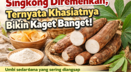 Ilustrasi singkong segar beserta olahannya seperti keripik dan tepung tapioka yang dikenal sebagai sumber karbohidrat alternatif kaya manfaat bagi kesehatan dan ekonomi masyarakat./AI/suarabrita.com 