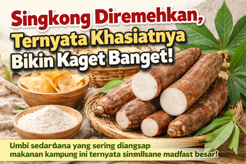 Ilustrasi singkong segar beserta olahannya seperti keripik dan tepung tapioka yang dikenal sebagai sumber karbohidrat alternatif kaya manfaat bagi kesehatan dan ekonomi masyarakat./AI/suarabrita.com 