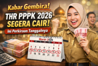 Ilustrasi pegawai PPPK menunjukkan uang rupiah dengan latar kalender Maret 2026, menggambarkan kabar gembira terkait perkiraan pencairan Tunjangan Hari Raya (THR) bagi aparatur sipil negara menjelang Idulfitri. (Foto: Ilustrasi/AI)