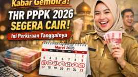 Ilustrasi pegawai PPPK menunjukkan uang rupiah dengan latar kalender Maret 2026, menggambarkan kabar gembira terkait perkiraan pencairan Tunjangan Hari Raya (THR) bagi aparatur sipil negara menjelang Idulfitri. (Foto: Ilustrasi/AI)