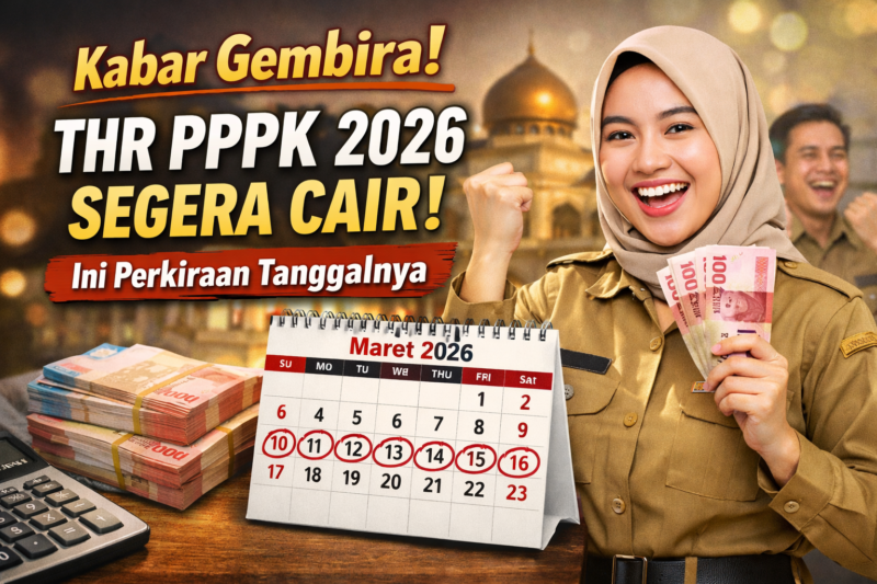 Ilustrasi pegawai PPPK menunjukkan uang rupiah dengan latar kalender Maret 2026, menggambarkan kabar gembira terkait perkiraan pencairan Tunjangan Hari Raya (THR) bagi aparatur sipil negara menjelang Idulfitri. (Foto: Ilustrasi/AI)