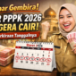 Ilustrasi pegawai PPPK menunjukkan uang rupiah dengan latar kalender Maret 2026, menggambarkan kabar gembira terkait perkiraan pencairan Tunjangan Hari Raya (THR) bagi aparatur sipil negara menjelang Idulfitri. (Foto: Ilustrasi/AI)