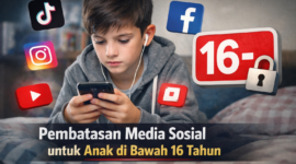 lustrasi anak menggunakan ponsel untuk mengakses media sosial. Pemerintah Indonesia menyiapkan aturan pembatasan media sosial bagi anak di bawah usia 16 tahun.
