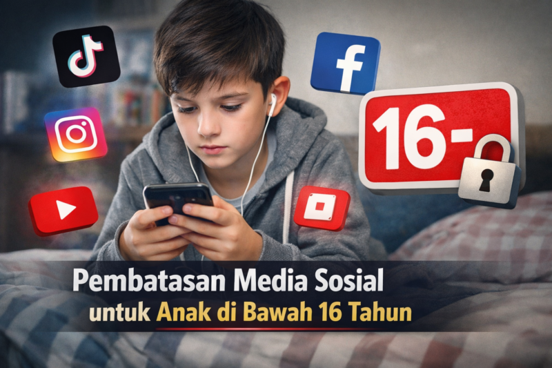 lustrasi anak menggunakan ponsel untuk mengakses media sosial. Pemerintah Indonesia menyiapkan aturan pembatasan media sosial bagi anak di bawah usia 16 tahun.