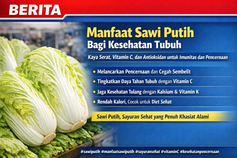 Sawi putih segar yang kaya serat, vitamin C, dan antioksidan, bermanfaat untuk menjaga kesehatan pencernaan dan meningkatkan daya tahan tubuh./AI/suarabrita.com