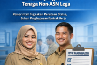 Ilustrasi pegawai pemerintah dengan latar informasi terkait penataan status PPPK paruh waktu 2026. Pemerintah menegaskan kebijakan yang disiapkan merupakan langkah penataan administrasi, bukan penghapusan kontrak kerja tenaga non-ASN./AI/suarabrita.com 