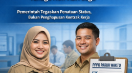 Ilustrasi pegawai pemerintah dengan latar informasi terkait penataan status PPPK paruh waktu 2026. Pemerintah menegaskan kebijakan yang disiapkan merupakan langkah penataan administrasi, bukan penghapusan kontrak kerja tenaga non-ASN./AI/suarabrita.com 