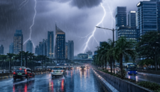 ustrasi hujan lebat disertai kilat dan petir yang mengguyur kawasan perkotaan. Badan Meteorologi, Klimatologi, dan Geofisika (BMKG) mengimbau masyarakat waspada terhadap potensi cuaca ekstrem yang dapat memicu banjir, tanah longsor, dan pohon tumbang, Minggu (26/4/2026). (Foto: Ilustrasi)