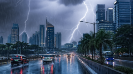 ustrasi hujan lebat disertai kilat dan petir yang mengguyur kawasan perkotaan. Badan Meteorologi, Klimatologi, dan Geofisika (BMKG) mengimbau masyarakat waspada terhadap potensi cuaca ekstrem yang dapat memicu banjir, tanah longsor, dan pohon tumbang, Minggu (26/4/2026). (Foto: Ilustrasi)