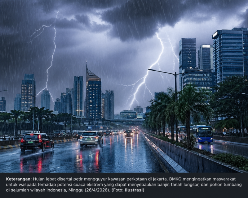 ustrasi hujan lebat disertai kilat dan petir yang mengguyur kawasan perkotaan. Badan Meteorologi, Klimatologi, dan Geofisika (BMKG) mengimbau masyarakat waspada terhadap potensi cuaca ekstrem yang dapat memicu banjir, tanah longsor, dan pohon tumbang, Minggu (26/4/2026). (Foto: Ilustrasi)