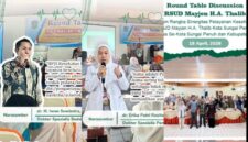 Direktur RSUD Mayjen H.A. Thalib Kota Sungai Penuh, Debi Zartika, bersama Kepala Dinas Kesehatan Kota Sungai Penuh, Gusnardi, saat membuka kegiatan Round Table Discussion dalam rangka penguatan sinergi layanan kesehatan di Sungai Penuh, Sabtu (18/4/2026