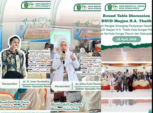 Direktur RSUD Mayjen H.A. Thalib Kota Sungai Penuh, Debi Zartika, bersama Kepala Dinas Kesehatan Kota Sungai Penuh, Gusnardi, saat membuka kegiatan Round Table Discussion dalam rangka penguatan sinergi layanan kesehatan di Sungai Penuh, Sabtu (18/4/2026