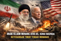 Ilustrasi AI yang menggambarkan eskalasi konflik antara Iran dan Amerika Serikat di kawasan Timur Tengah, ditandai dengan simbol militer, ledakan, dan ketegangan geopolitik yang meningkat.bey suarabrita.com