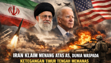 Ilustrasi AI yang menggambarkan eskalasi konflik antara Iran dan Amerika Serikat di kawasan Timur Tengah, ditandai dengan simbol militer, ledakan, dan ketegangan geopolitik yang meningkat.bey suarabrita.com