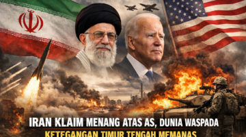 Ilustrasi AI yang menggambarkan eskalasi konflik antara Iran dan Amerika Serikat di kawasan Timur Tengah, ditandai dengan simbol militer, ledakan, dan ketegangan geopolitik yang meningkat.bey suarabrita.com