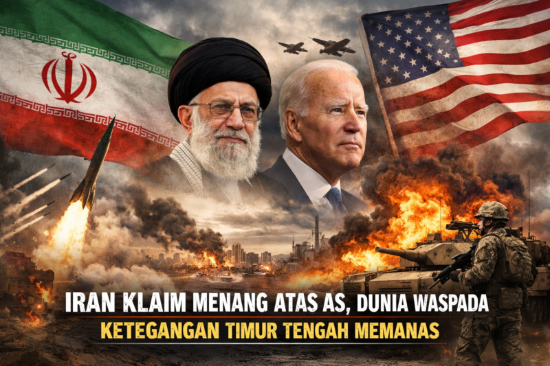 Ilustrasi AI yang menggambarkan eskalasi konflik antara Iran dan Amerika Serikat di kawasan Timur Tengah, ditandai dengan simbol militer, ledakan, dan ketegangan geopolitik yang meningkat.bey suarabrita.com