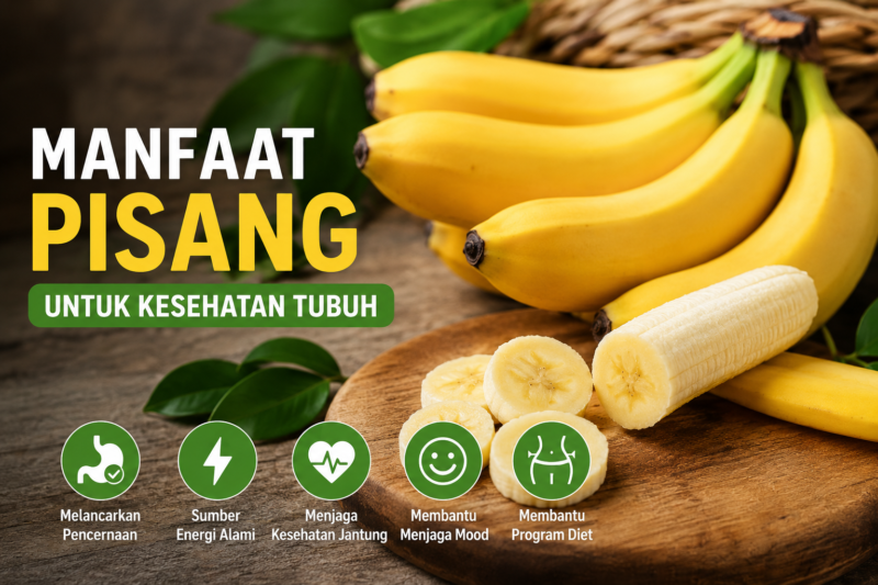 Ilustrasi buah pisang yang kaya manfaat untuk kesehatan tubuh, mulai dari menjaga pencernaan, meningkatkan energi, hingga membantu kesehatan jantung. AI