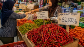 Pedagang melayani pembeli di pasar tradisional dengan tumpukan cabai rawit merah yang mengalami kenaikan harga hingga mencapai Rp82 ribu per kilogram. Kenaikan harga pangan menjadi perhatian masyarakat karena berdampak langsung pada kebutuhan sehari-hari.