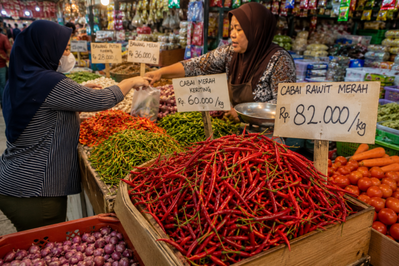 Pedagang melayani pembeli di pasar tradisional dengan tumpukan cabai rawit merah yang mengalami kenaikan harga hingga mencapai Rp82 ribu per kilogram. Kenaikan harga pangan menjadi perhatian masyarakat karena berdampak langsung pada kebutuhan sehari-hari.