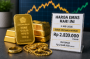 Emas batangan 24 karat (Logam Mulia Antam) yang disusun bersama perhiasan emas di atas meja, menampilkan informasi harga emas hari ini 9 Mei 2026 sebesar Rp 2.839.000 per gram, sebagai ilustrasi stabilnya harga emas di tengah kondisi pasar global.