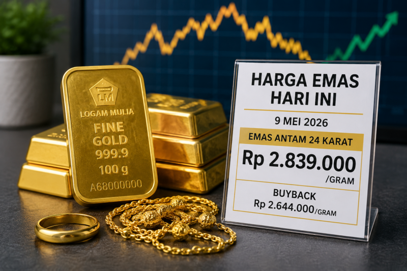 Emas batangan 24 karat (Logam Mulia Antam) yang disusun bersama perhiasan emas di atas meja, menampilkan informasi harga emas hari ini 9 Mei 2026 sebesar Rp 2.839.000 per gram, sebagai ilustrasi stabilnya harga emas di tengah kondisi pasar global.