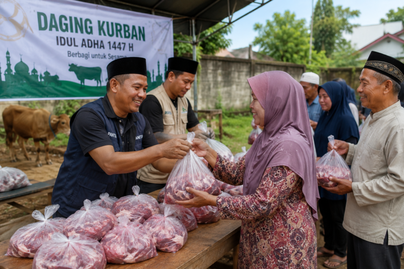 Panitia kurban membagikan daging kurban kepada warga usai penyembelihan hewan kurban dalam rangka perayaan Idul Adha 1447 Hijriah. Pembagian daging dilakukan secara tertib untuk memastikan manfaat kurban dapat dirasakan masyarakat secara merata. (Foto: Ilustrasi AI)