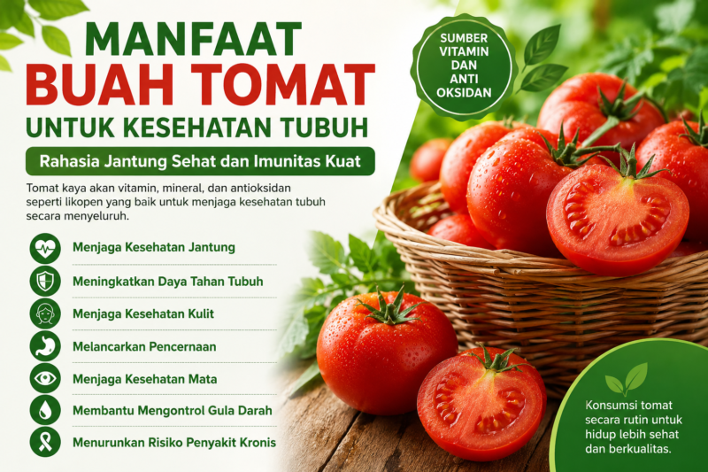 Gambar tersebut menampilkan infografis tentang manfaat buah tomat untuk kesehatan tubuh. Visual didominasi warna hijau dan merah yang menggambarkan kesegaran alami tomat, lengkap dengan ilustrasi buah tomat segar dalam keranjang. Infografis ini menjelaskan berbagai manfaat tomat seperti menjaga kesehatan jantung, meningkatkan daya tahan tubuh, melancarkan pencernaan, menjaga kesehatan kulit, hingga membantu mengontrol gula darah.
